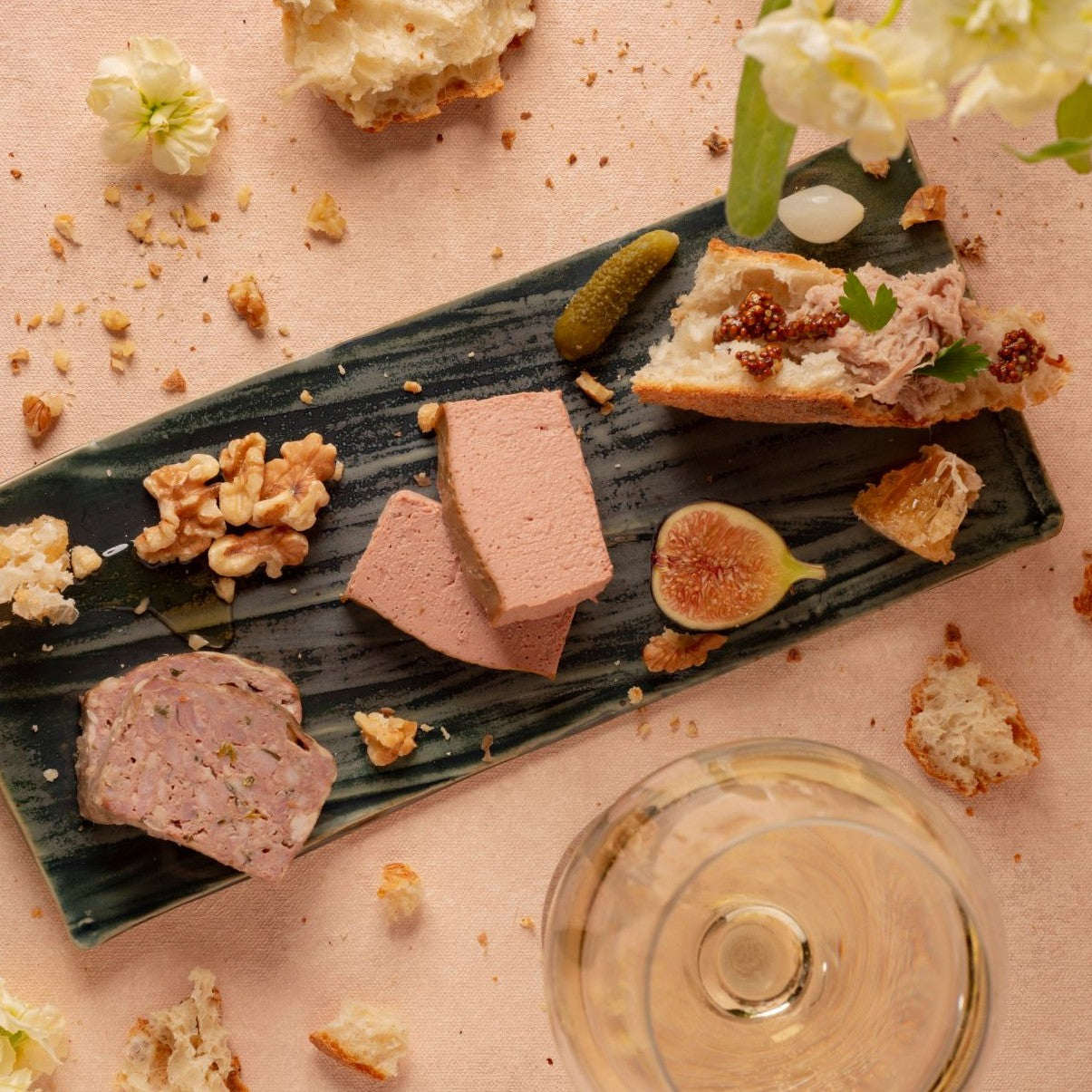 Charcuterie board trio sampler with pâté, pork rillettes and chicken liver mousse
